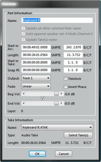 Info tool [Ctrl]+[I] This tool works on Audio and Automation Parts. The Info tool is used to view or edit information about a Part or Take.