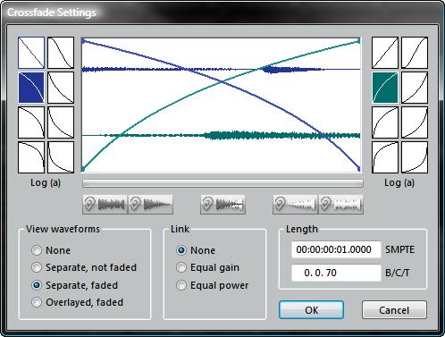 A similar window can be accessed by clicking with the tool in any existing crossfade area in the Arrangement, so that each crossfade can have its own settings.