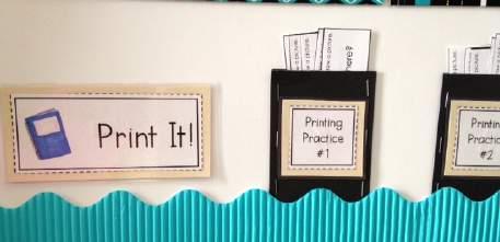 section includes a section title and three pockets for printing practice strips.
