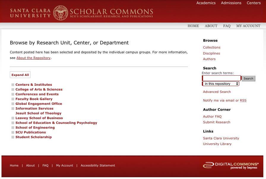 What s included SCU units Conferences Book gallery SCU publications Student scholarship SCU Journals This shows the range of Scholar Commons, with units depositing material, events and