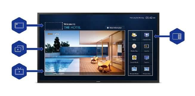 A tailored Home Menu Through the embedded TIZEN platform, each Samsung premium hospitality display includes an intuitive, customizable home menu that streamlines content exchange between hotels and
