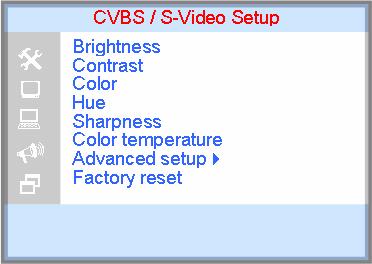 OSD Architecture CVBS / S-Video Setup Brightness: Adjusts the overall picture shade and brightness. Contrast: Permits adjustment for contrast between light or dark areas of the picture.