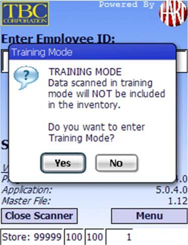 4. Key your 1-7 Digit Employee ID and press ENT (Enter). The ***Training*** Scan Sticker screen will be displayed.