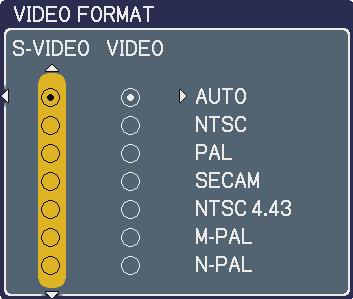 INPUT menu INPUT menu (continued) Item VIDEO FORMAT FRAME LOCK COMPUTER IN (continued on next page) Description The video format for S-VIDEO port and VIDEO port can be set.