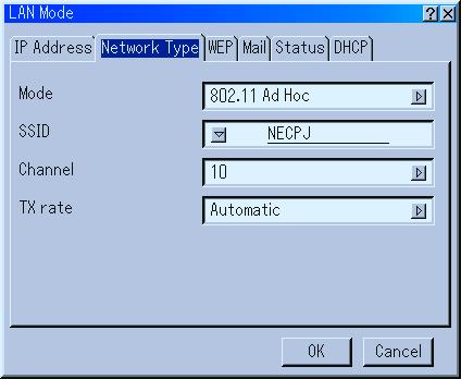 USING ON-SCREEN MENU Menu Descriptions & Functions Network Type (required for wireless only) Mode: Select communication method when using wireless LAN. Infrastructure.