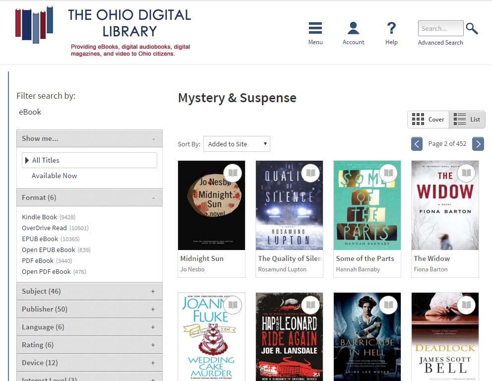 A Menu button, Account button, Help button, and Search box are found in the options bar at the top right of the Ohio Digital Library page.