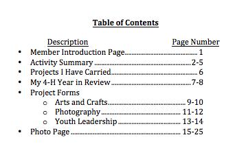 Table of Contents Make sure to number all pages in book Follow order of judging form for