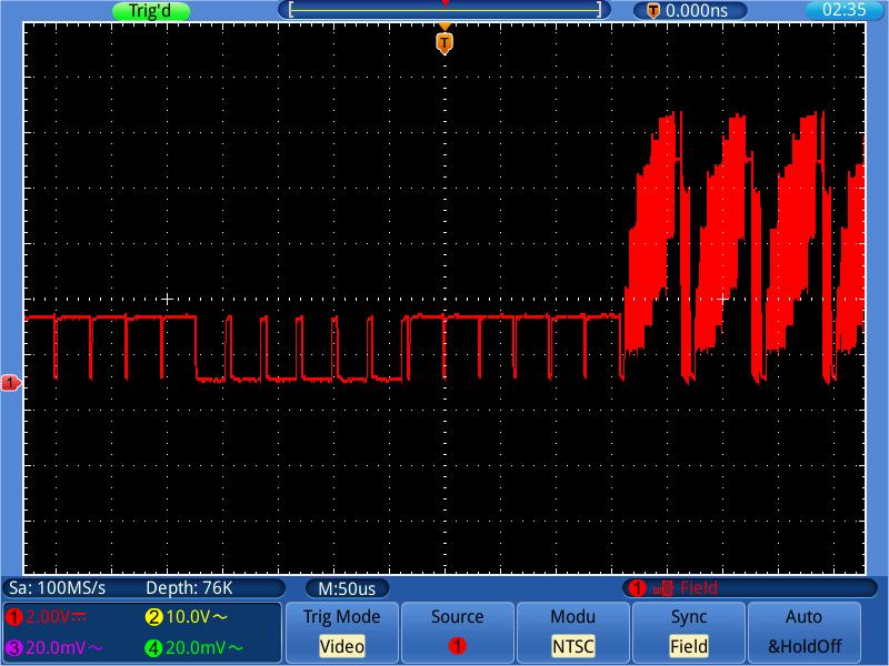 7.Demonstration Example 6: Video Signal Trigger Observe the video circuit of a television, apply the video trigger and obtain the stable video output signal display.
