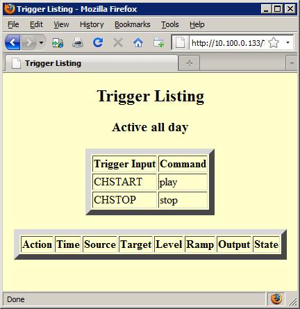 Trigger Event Lists This page lists the events triggered by an input closure or text command sent via the RS-232 serial port or satellite.