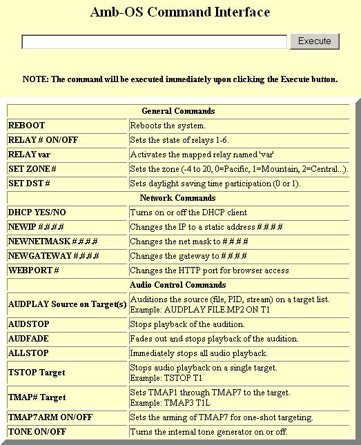 Command Interface This page allows commands to be sent to the receiver. Type the command into the input window and press [ENTER] or click on Execute to send the command to the AMR-100.