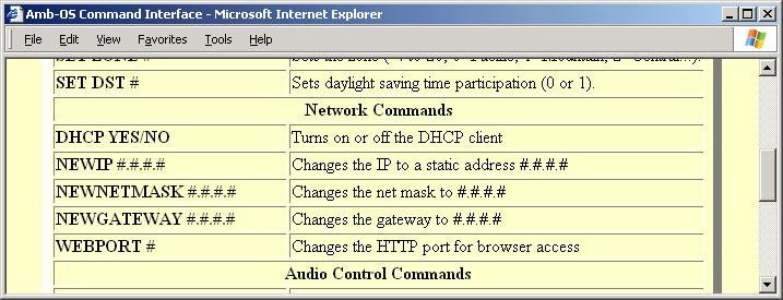 Network Commands DHCP YES/NO This turns DHCP ON or OFF. Setting DHCP to ON means the AMR-100 s IP address is assigned automatically by the DHCP table in the router.