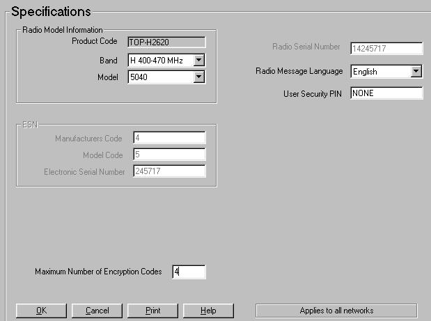 RADIO PROGRAMMING Tait Orca Portables: In the Specifications screen, set the Maximum Number of Encryption Codes to the desired number of codes (1-4