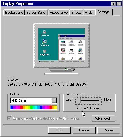 Desktop Area and Color The graphics below illustrate the settings that must be made in Windows 95/98.