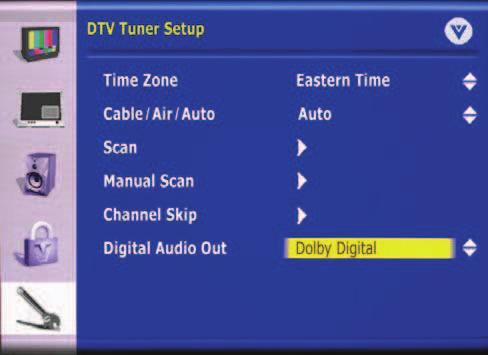 Digital Audio Out You must set the configuration of the digital audio (SPDIF) on this sub-screen. Press the button to highlight the Digital Audio Out option.