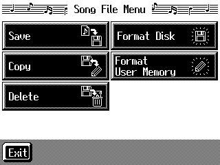 Chapter 4 Recording and Saving the Performance 1. Insert the floppy disk into the disk drive. 2. Press the [Disk] button. 3. Touch <File>. A Song File screen like the one below appears. fig.