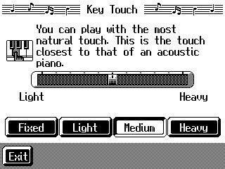 Chapter 8 Various Settings Adjusting the Keyboard Touch (Key Touch) You can vary the touch of the keyboard when you play the keys. At Step 3 in Procedure (p. 142), touch <Key Touch>. fig.d-p-key.