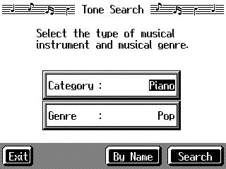 Chapter 1 Performance Using Keywords to Search for Tones (Tone Search) You can search for tones that match the conditions you set for instrument or musical style.