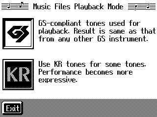 For detailed information about GS, refer to About the KR-7/5 Sound Generator (p. 189). 1. Press the [Menu] button. The Menu screen appears. fig.d-plymode.eps_60 Chapter 3 Touch to switch the screens.