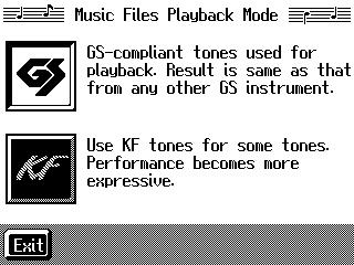 For detailed information about GS, refer to About the KF-7 Sound Generator (p. 181). 1. Press the [Menu] button. The Menu screen appears. fig.d-plymode.eps_60 Chapter 3 Touch to switch the screens. 2.
