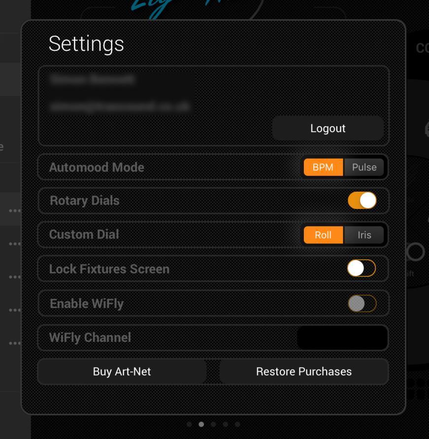 Other Settings The settings screen can be accessed from the mydmx GO menu.. Light Cloud details - The name and e-mail address of the Light Cloud account is displayed here.