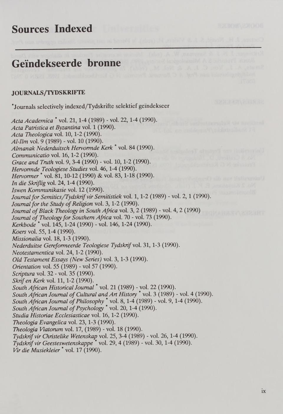 Sources Indexed Geïndekseerde bronne JOURNALS/TYDSKRIFTE Journals selectively indexed/tydskrifte selektief gei'ndekseer Acta Academica vol. 21,1-4 (1989) - vol. 22,1-4 (1990).