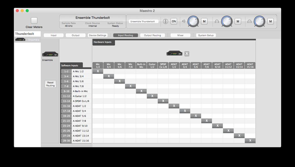 Input Routing Tab Window The number of input channels that are available to a computer recording program is determined by Ensemble s Core Audio driver.