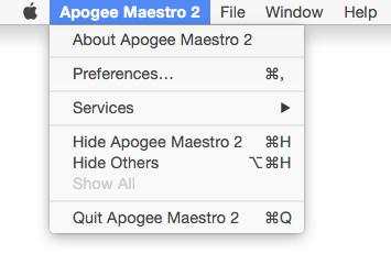 Menu Bar Menus About Apogee Maestro - Choose this menu item to display version information for all the hardware connected and software elements installed on your Mac.