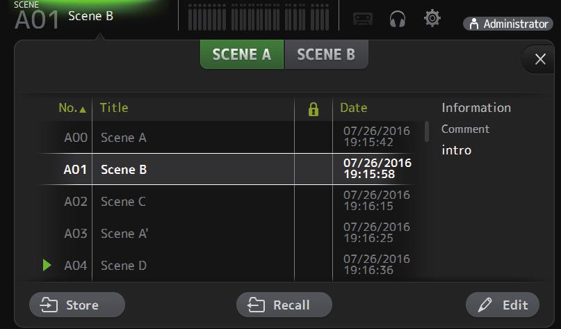 Toolbar SCENE screen Allows you to manage previously saved mixer setups, or "Scenes".