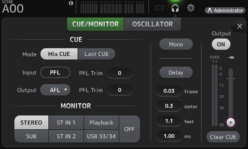 Toolbar MONITOR screen Allows you to manage cue and monitor signals and to control oscillators.