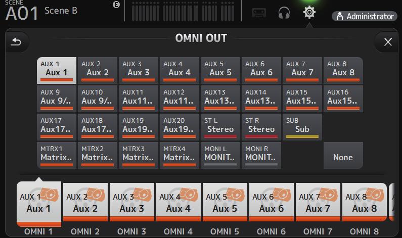Toolbar OMNI OUT screen Allows you to configure the output channels that are sent to the OMNI OUT jacks. 1 OMNI OUT1 16 buttons Allows you to select which OMNI OUT jack will be configured.