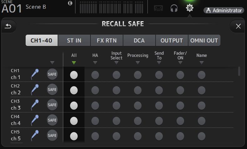 Toolbar RECALL SAFE screen Allows you to configure which items are recalled and which items are not (i.e., recall safe) when recalling Scenes and Presets.