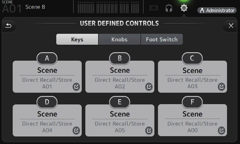 Toolbar USER DEFINED CONTROLS screen This screen allows you to assign features to the [USER DEFINED KEYS], [USER DEFINED KNOBS], and to the footswitch.