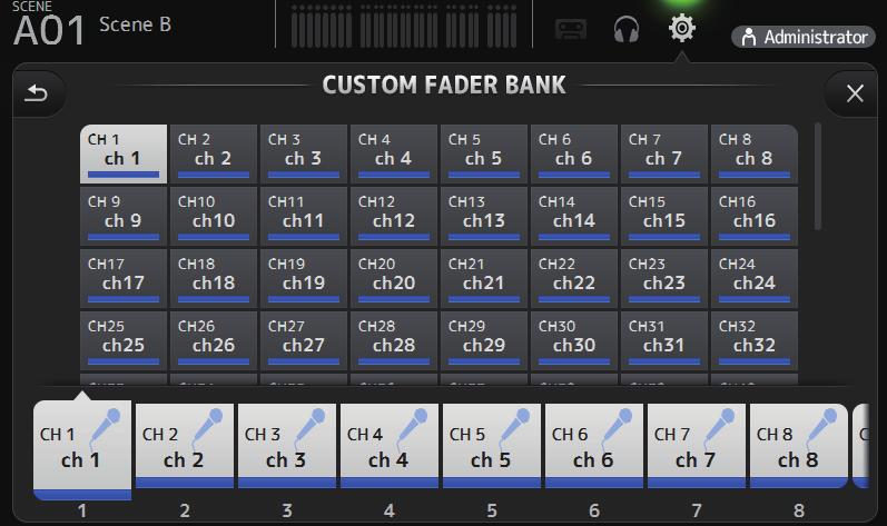 Toolbar CUSTOM FADER BANK screen The custom fader bank allows you to choose different channels, regardless of type (input channels, AUX, MATRIX, DCA groups, etc.