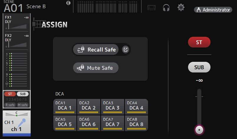 ASSIGN screen Allows you configure recall safe and mute safe settings, DCA group assignments, signals sent to the SUB bus, etc. for each channel.