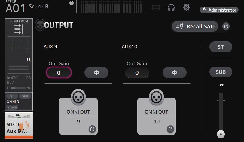 OUTPUT screen Allows you to select the signals sent to the output channels (OMNI OUT 1 16). The buttons displayed vary depending on the type of output channel selected.