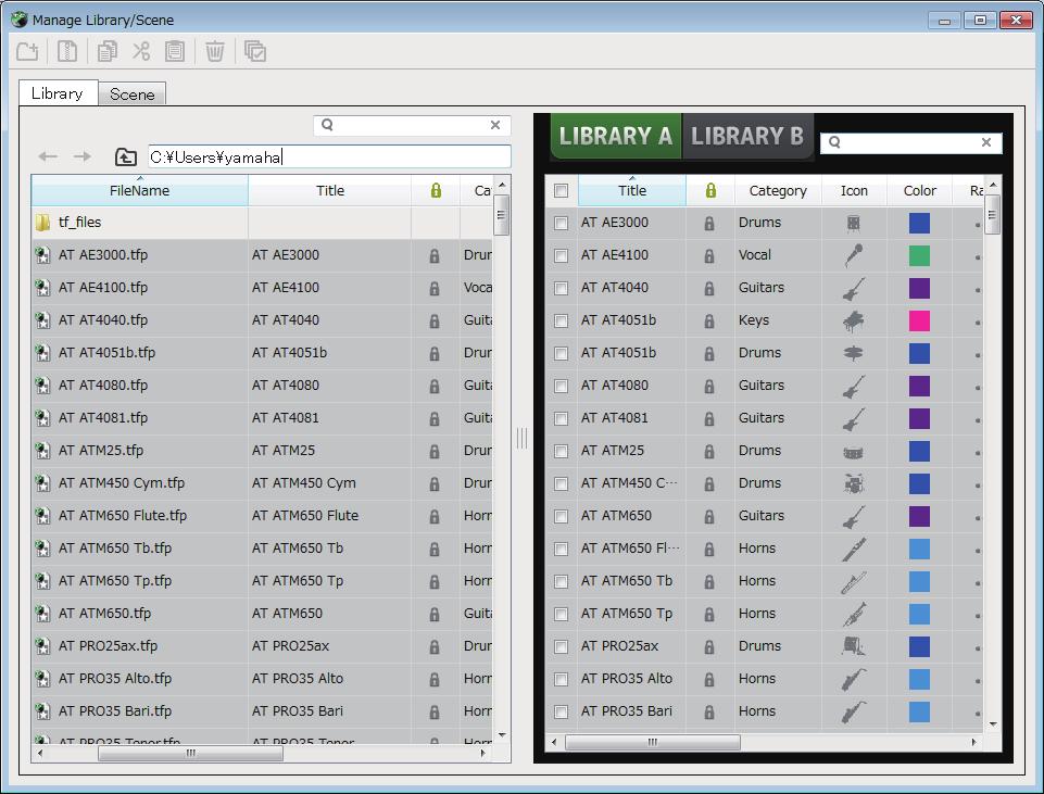 Screens of the File Menu Screens of the File Menu Manage Library/Scene screen This screen allows you to manage Scene data and Library data that is stored in TF Editor.