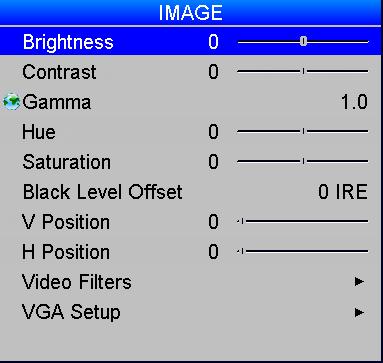 USING THE PROJECTOR Image menu Brightness, Contrast, Gamma, Hue and Saturation Set the slider or select from the drop-down list as required, to improve the quality of the image.