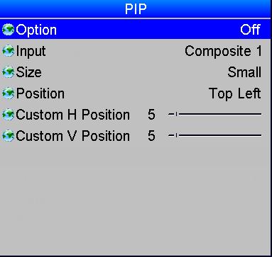 USING THE PROJECTOR PIP menu Two images can be combined, in three different ways using this feature. The PIP menu is available only when Setup > System > Configuration is set to PIP.