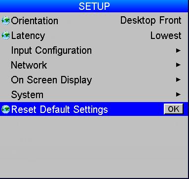 USING THE PROJECTOR Setup menu Orientation Depending on how the projector is mounted, select the appropriate setting from the drop-down list. Main Menu Setup Latency Affects interlaced sources only.