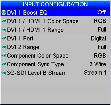 USING THE PROJECTOR Input Configuration This menu allows adjustment of various technical parameters specific to each of the signal inputs: DVI 1 Boost EQ should normally be set to Off, except when