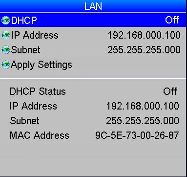 Control Set DHCP to On if the IP Address is to be assigned by a DHCP server, or Off if it is to be set here. If DHCP is set to On, it will not be possible to edit either IP Address or Subnet.