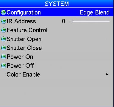 System Configuration: switch between PIP and Edge Blend. Use IR Address to set an address for the remote control.