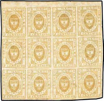 The Esmeralda Collection Starting Price 1530 ««/«1861, 5 c. yellow buff, an astonishing block of 12 from the upper side of the sheet, deep shade, large margins on three sides, with top sheet margin.