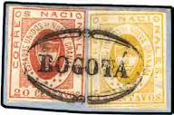 Colombia Starting Price 1577 1861, 20 c. red, complete to large margins, in combination with well margined copy of 5 c.