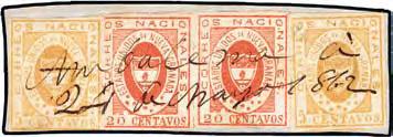 Scott 14a, 17; Yv 11, 13. 700 1579 1861, 20 c. red, pair possessing clear to mostly huge margins, used on piece in combination with two mostly large margined copies of 5 c.