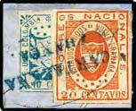 An extremely difficult combination franking, of which only three are recorded, regarded as one of the significant frankings of this issue. Cert. Bortfeldt. Scott 17, 14a; Yv 13, 11. Ex Sánchez Vega.