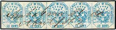 Colombia Starting Price 1670 1862, 10 c. blue, type III, a well margined strip of three, with two slightly blurred strikes of Bogotá pearl ovals. Two vertical folds between adhesives or gum creasing.
