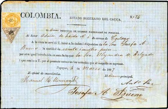 Colombia Starting Price 1791 1864, 5 c. orange, complete to huge margins, barely clipped at places, together with 1865 2 1/2 c.