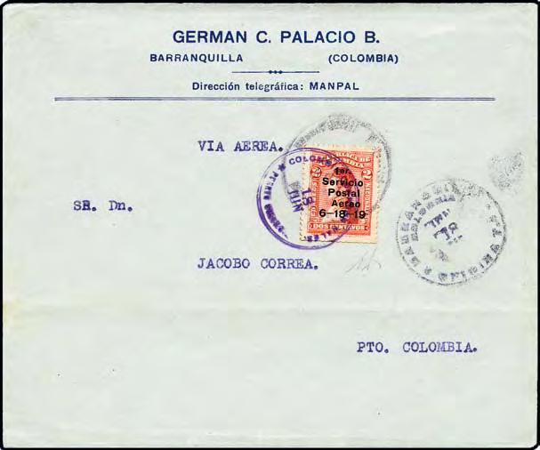 Colombia Starting Price AIRMAIL 1885 «1919, 2 c. carmine rose, position 1, good centering and perforation. An outstanding quality example of this extremely rare stamp, being of great desirability.