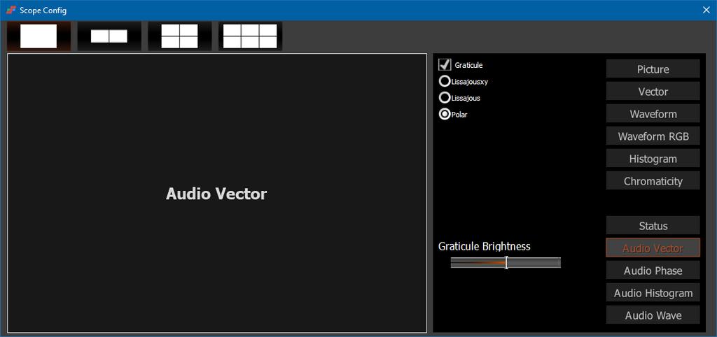 Audio Vector Audio Vector Setup To display the Audio Vectorscope view, press the Scope Config button. This opens the Scope Config window. Click on the Audio Vectorscope button on the right.